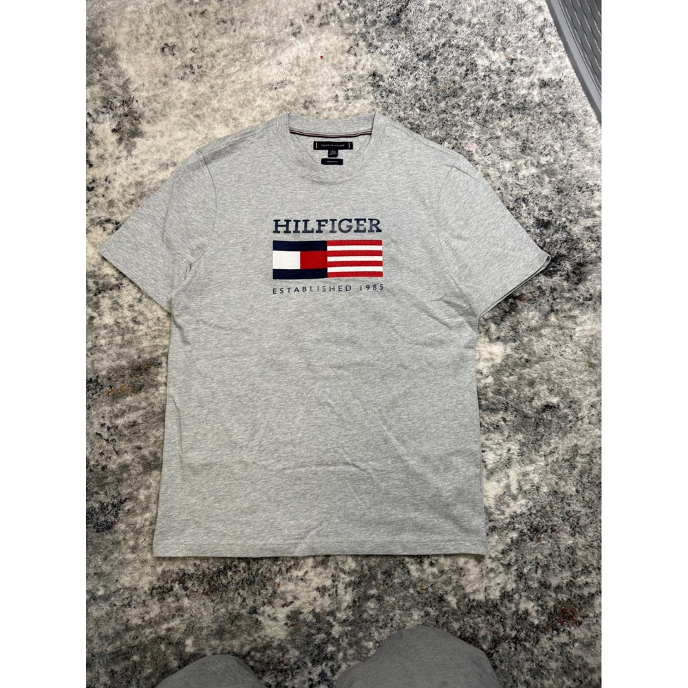 Tommy Hilfiger Mens Gray  Short Sleeve T Shirt Established 1985‎ Flag Logo XS